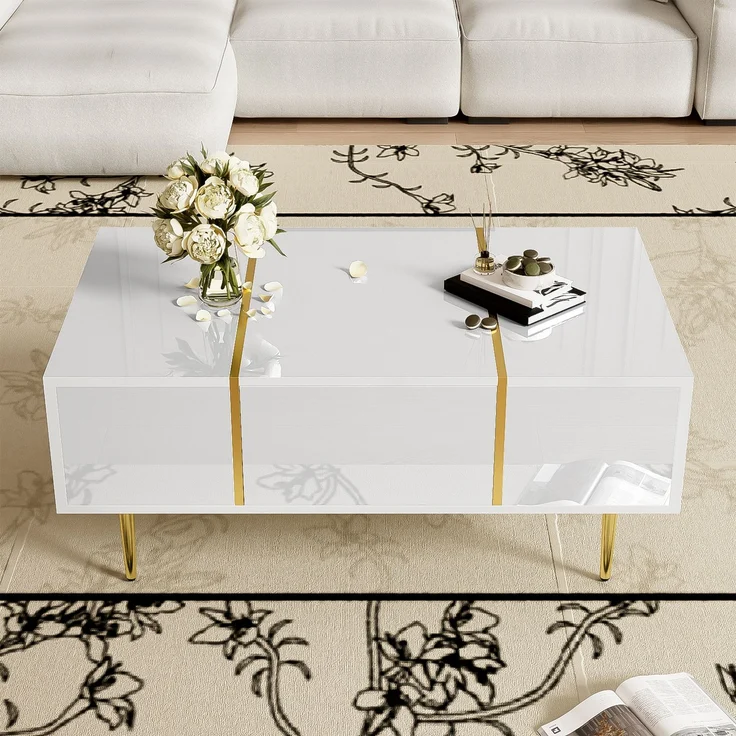 Couchtisch 100 x 60 x 41,5 cm, mit Schubladen, aus MDF, als Ablage für Getränke und Bücher im Wohnzimmer, Weiß – Bild 7