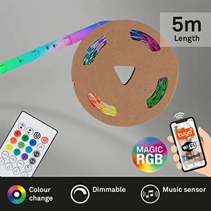 BRILONER Leuchten - RGBIC LED Strip 5m, Magic RGBIC Lichtband kürzbar, App-Steuerung, Fernbedienung, Musiksensor, Sprachgesteuert, LED Band, Leiste, Streifen, Weiß, 2313-150 – Bild 2