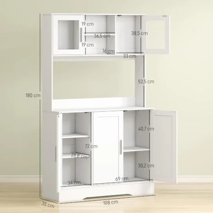HOMCOM Küchenbuffet Hochschrank mit Arbeitsplatte, Vorratsschrank mit Glastüren (Aufbewahrungsschrank, 1-St, Küchenschrank) Skandinavisches Design, Weiß – Bild 3