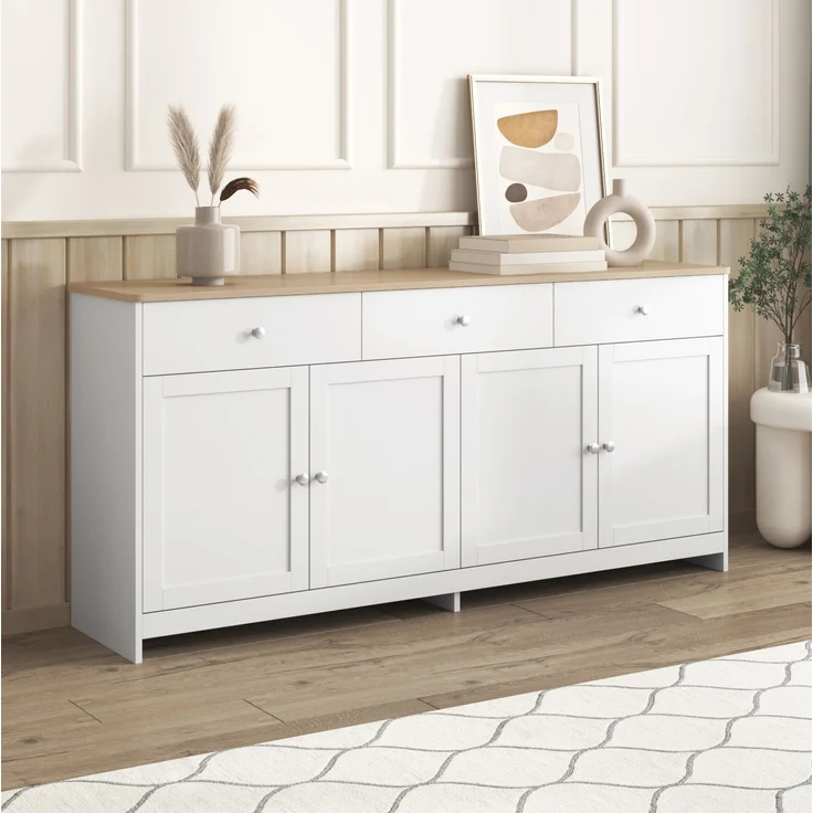 DESVIAE Sideboard mit 3 Schubladen und 4 Türen 160x75x37 cm MDF Weiß/Holzfarbe – Bild 3