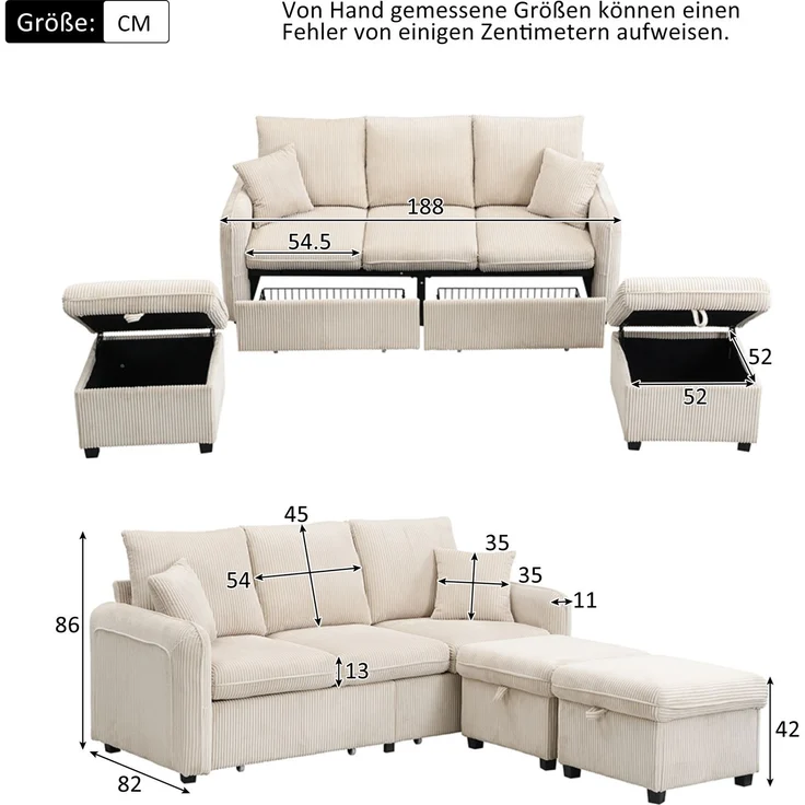 DESVIAE Sofa mit Schlaffunktion und Stauraum, Cord-Stoff, Beige, 188 x 186 x 86 cm – Bild 9