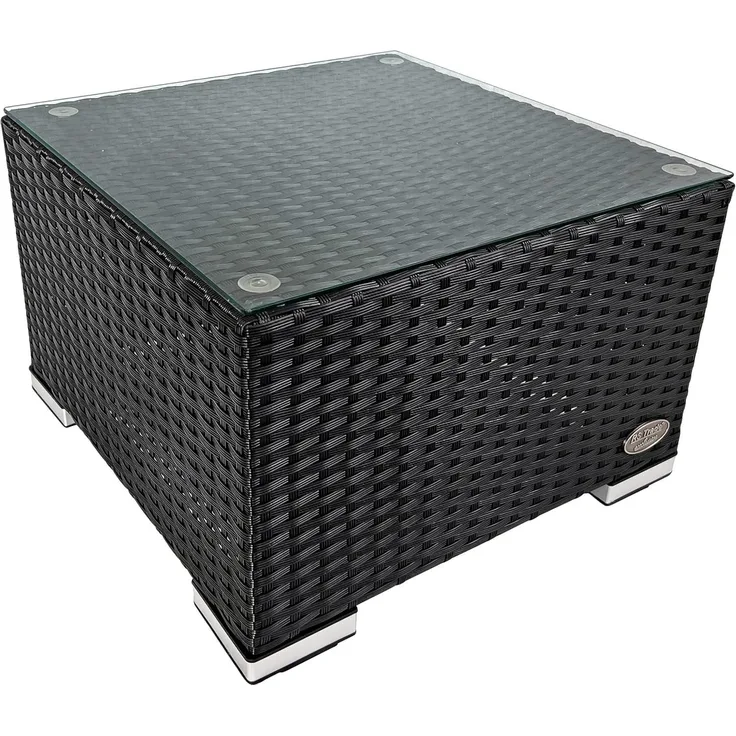 RS Trade® 'Toscana' Polyrattan Beistelltisch mit verstärktem Alu-Gerüst und Temperglas Tischplatte, mit Spannbändern und höhenverstellbaren Standfüßen, schwarz