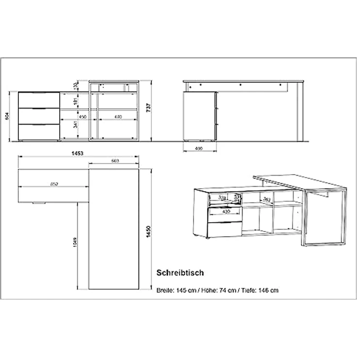 Germania Winkelschreibtisch 4223-573 GW-Ancona, mit integriertem Sideboard, in Kaschmir/Nussbaum, 145 x 74 x 146 cm (BxHxT) – Bild 3