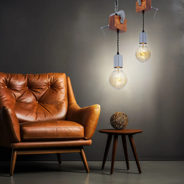 Hängeleuchte, Holz antik Metall verzinkt, Schraubzwinge, H 120cm – Bild 4