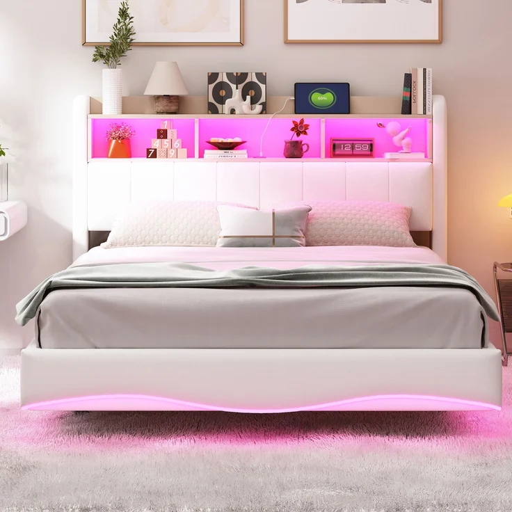 Beiges Schwebebett 140x200 cm Mit LED Beleuchtung Und USB Type C Anschlüssen Doppelbett Mit Stauraum Modernes Design 250 Kg Tragkraft – Bild 2