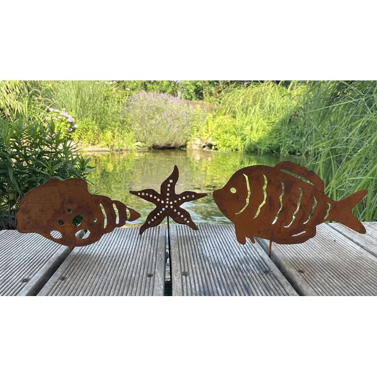 LB H&F Lilienburg Gartenstecker 3er SET Gartenstecker Gartenfigur Gartendeko Rost Seestern (Fisch Metallstecker Skulptur Geschenk Edelrost Roststecker maritim zum Stecken Blumenkübel Maritimstecker Blumenstab Rostfigur Nordsee Ostsee Hygge Scandi, Gart... – Bild 5