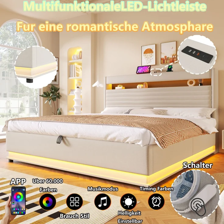 Merax Polsterbett, 180x200 cm, Doppelbett Mit USB Typ-C Ladefunktion, LED-Beleuchtung, Hydraulische Lagerung, Flip-Top-Aufbewahrungsfach, Ohne Matratze, Leinen, Beige – Bild 5