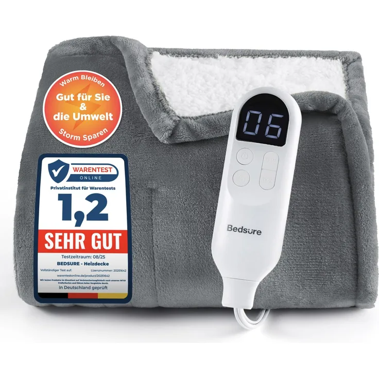 BEDSURE Heizdecke Wärmedecke Elektrische Kuscheldecke - 200x180 cm, Grau | mit Abschaltautomatik, 6 Heizstufen & 10 Stunden Timer, bis zu 8 Stunden Überhitzungsschutz für Home & Office