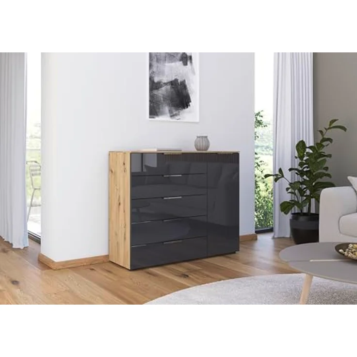 Rauch Möbel Flipp, Kommode für Schlafzimmer, Kinderzimmer, Wohnzimmer, Flur, Garderobe, 1-türig, 5 Schubladen, mit Softclose-Funktion, Farbe Eiche Artisan, Holz/Glas Basalt, Schwarz, Breite 120 cm – Bild 3