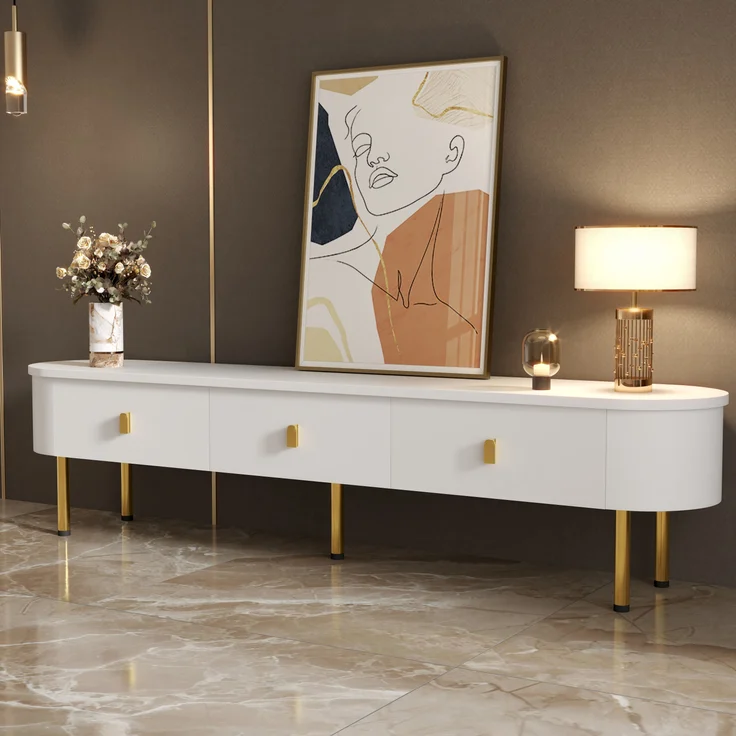 Moderner TV-Schrank 174 cm mit goldenen Griffen, geschwungenen Kanten und hochwertiger Lackoberfläche in Weiß, 174 x 35 x 41 cm – Bild 4