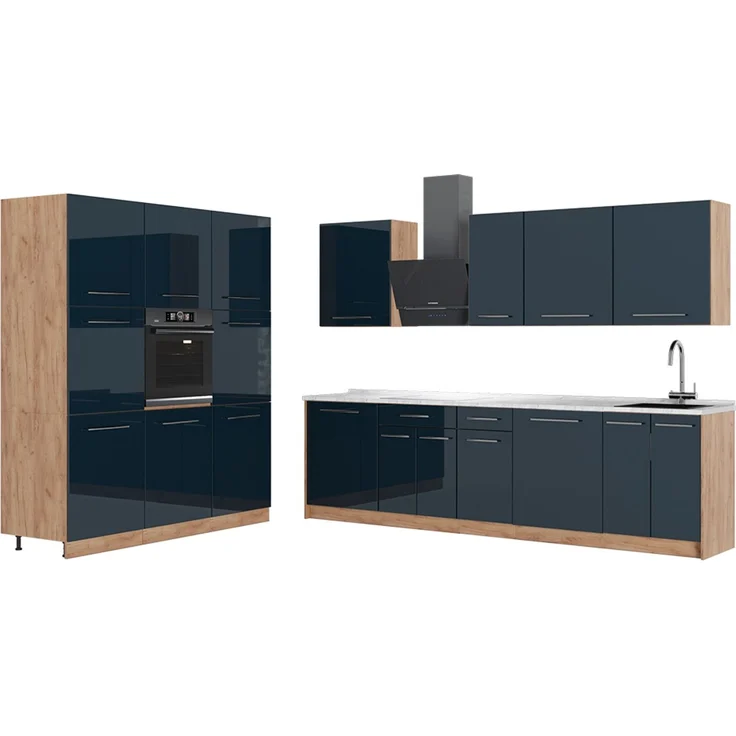 Küchenzeile Fame-Line Dunkelblau Hochglanz/Goldkraft Eiche 460 cm, AP Marmor Vicco – Bild 1