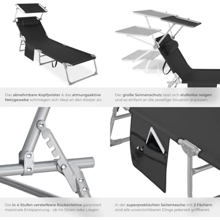 tectake® 2er Set Sonnenliege klappbar und tragbar, Liege mit Seitentasche, Strandliege, Gartenliege mit Dach, Liegestuhl mit Verstellbarer Rückenlehne, Kopfkissen - für Balkon, Terrasse (schwarz) – Bild 7