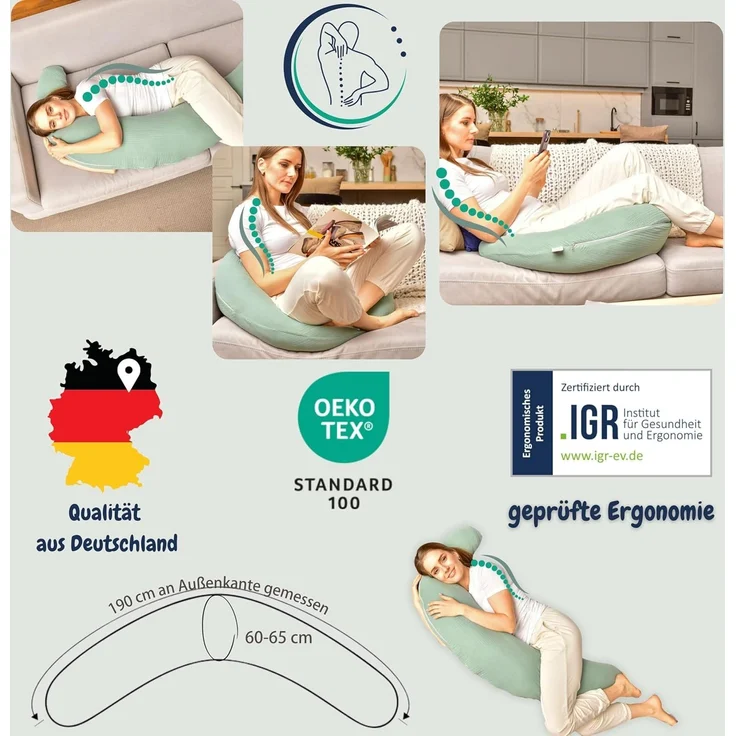 sei Design Stillkissen - Ergonomische Unterstützung - 190x30 cm - Seitenschläferkissen Schwangerschaftskissen XXL Reißverschluss - Individuell anpassbare Füllung - komplett waschbar – Bild 4