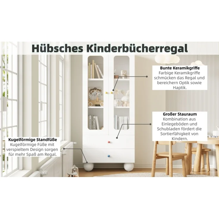 ZUBALIYA Glasvitrine, Kinder-Aufbewahrungsschrank, Bücherregal mit Schubladen, Büroschrank, Figurenvitrine, Bunte Keramikgriffe, Kugelförmige Schrankfüße,, Multifunktionsschrank, Weiß, 60 x 35 x 140 cm – Bild 14