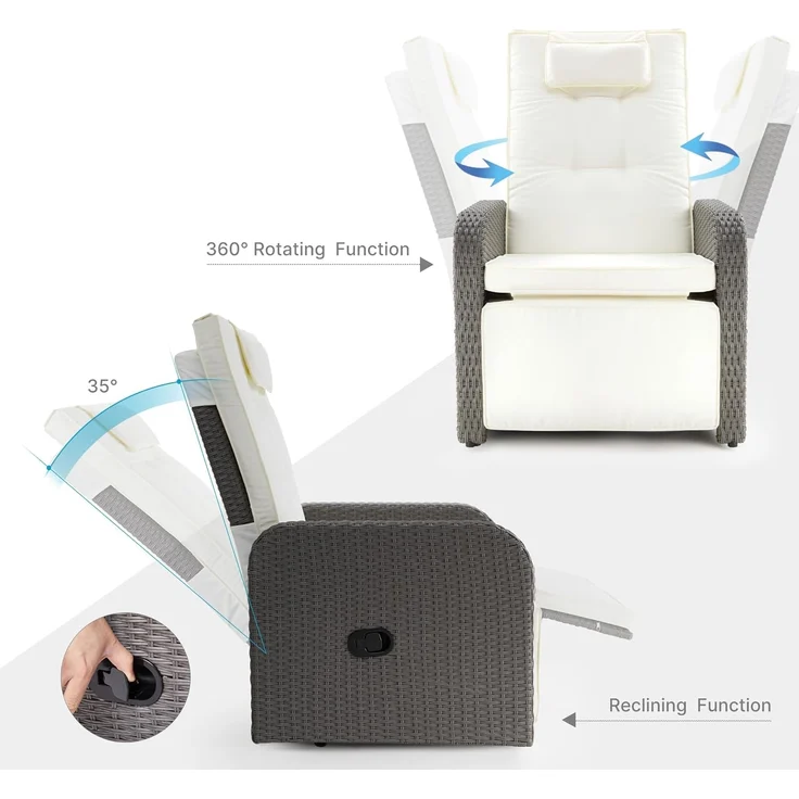 Mondeer Liegesessel, PE Rattan Sonnenliege mit Verstellbarer Rückenlehne und 360° Drehbarem Fußkreuz, für Garten Terrasse Innen Außenbereich, Grau und Beige – Bild 3