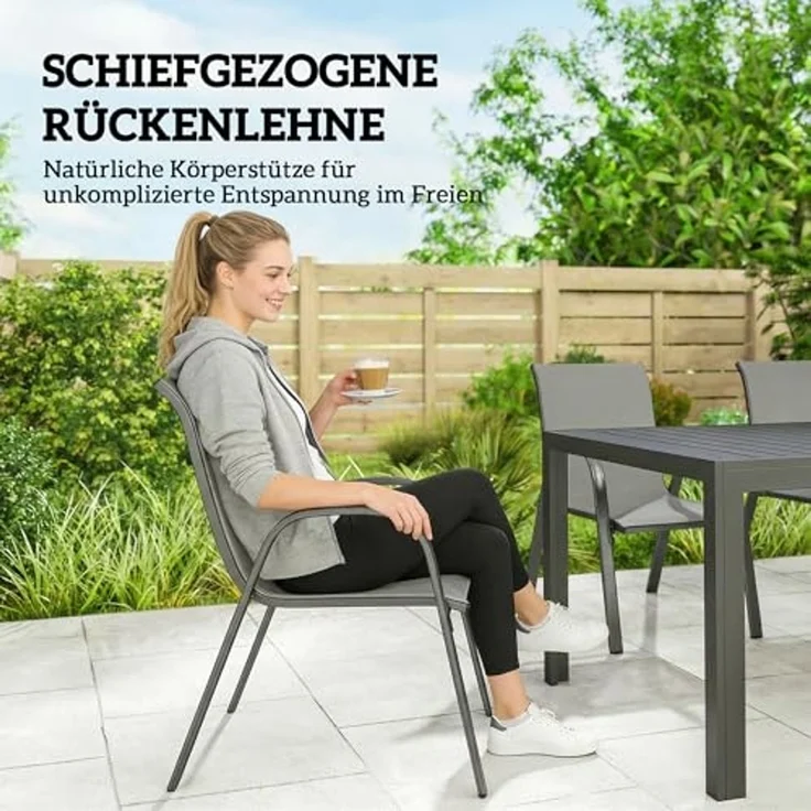 Outsunny Garten-Essgruppe mit 6 Atmungsaktiven Stapelstühlen, Lamelldesign, (Gartenset, 7-tlg, Gartenmöbel Set), für Garten Balkon Terrasse Hellgrau – Bild 5