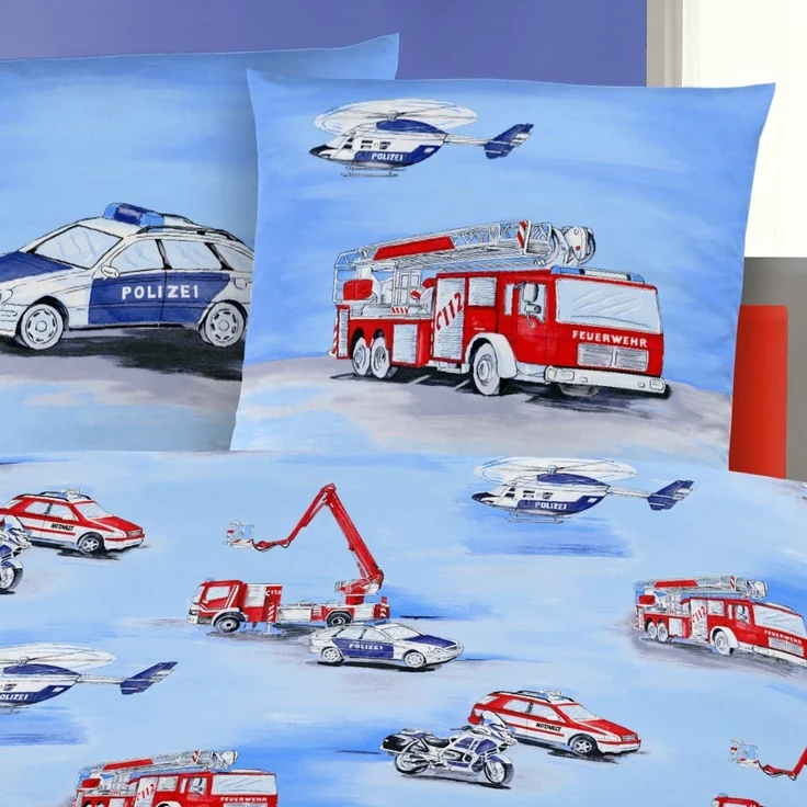 MTOnlinehandel Kinderbettwäsche Polizei & Feuerwehr 135x200 + 80x80 cm, 100 % Baumwolle, Biber, 2 teilig, Autos & Hubschrauber & Motorräder Bettwäsche – Bild 2