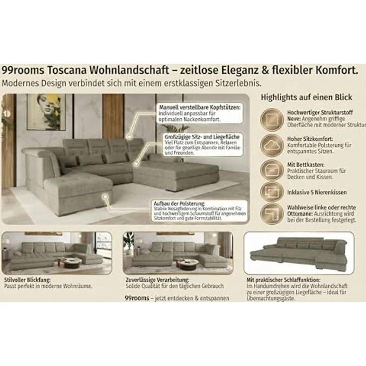 99rooms Toscana Wohnlandschaft Strukturstoff NEVE Anthrazit Rechts mit Schlaffunktion – Bild 5