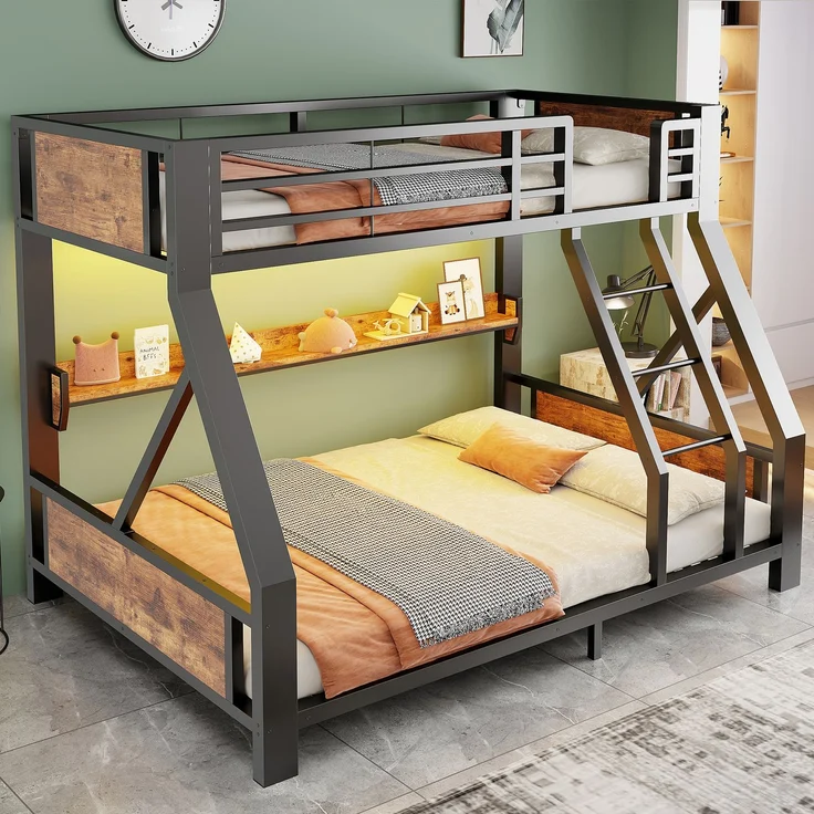 EINHOM Metall-Etagenbett 90x200 / 140x200 cm, Einzelbett oben, Doppelbett unten, Ablagefach, LED-Beleuchtung, Bettgestell aus Eisen und Holz, platzsparendes Kinder- und Jugendzimmermöbel Schwarz (Ohne Matratze) – Bild 5