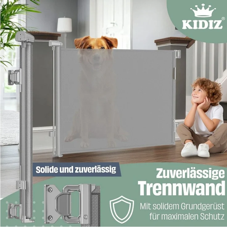 KIDIZ® Treppenschutzgitter Türschutzgitter ausziehbar bis 140/180cm | kindersicheres Treppengitter für Babys & Haustiere | Schutzgitter Treppen & Türen Absperrgitter inkl. Bodenanker & Montagezubehör Hellgrau, 0-140cm – Bild 4
