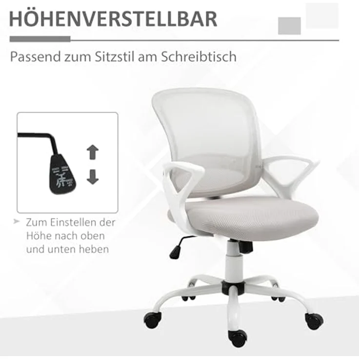 Vinsetto Bürostuhl gepolsterter Bürostuhl mit Schwenkrädern (höhenverstellbarer Arbeitsstuhl, 1 St), 61 x 61 x 89-99 cm, Grau – Bild 4
