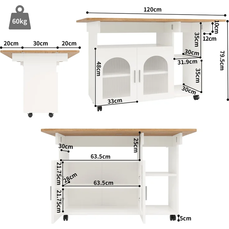Kücheninsel, modernes Küchensiland, Küchenschrank, abnehmbare Servierwagen-Buffetschrank, Speisewagen mit Holzmaserung, multifunktionaler Esstisch mit Stauraum, Holzoptik, Weiß – Bild 4