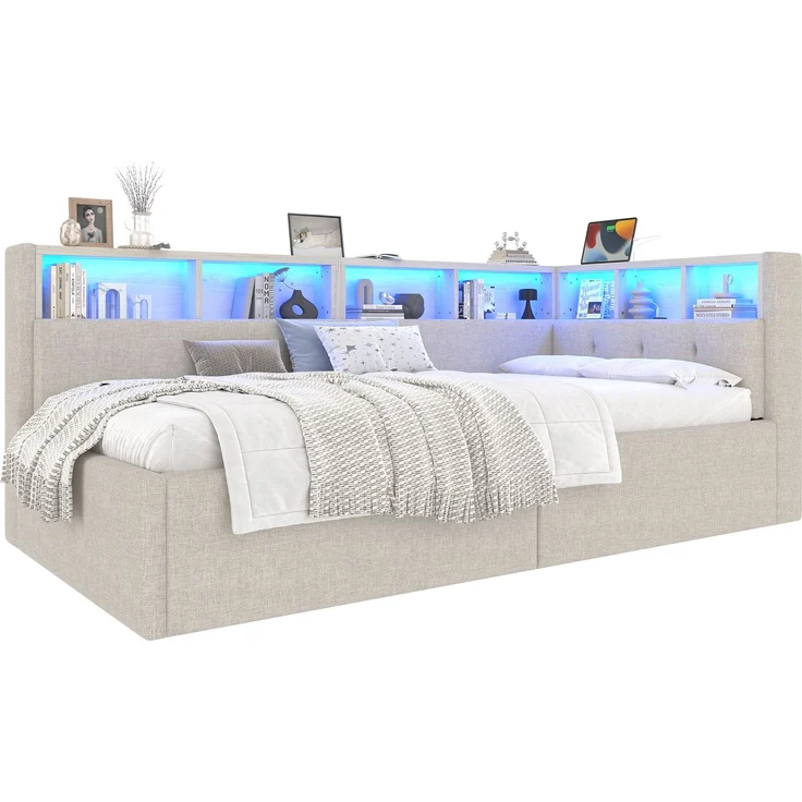 ZUBALIYA Schlafsofa / Tagesbett, mit hydraulische Aufbewahrungsfunktion und mehrfarbiger LED-Streifenbeleuchtung, 90 x 200 cm, Leinen, Beige, fürs Schlafzimmer, mit Stauraum, mit LED, Samt – Bild 8
