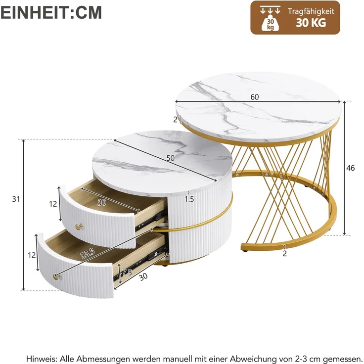 2-teiliges Couchtisch-Set mit Marmoroptik, runde Beistelltische mit Schubladen, Hochglanz Weiß, MDF Wohnzimmertische Set – Bild 9