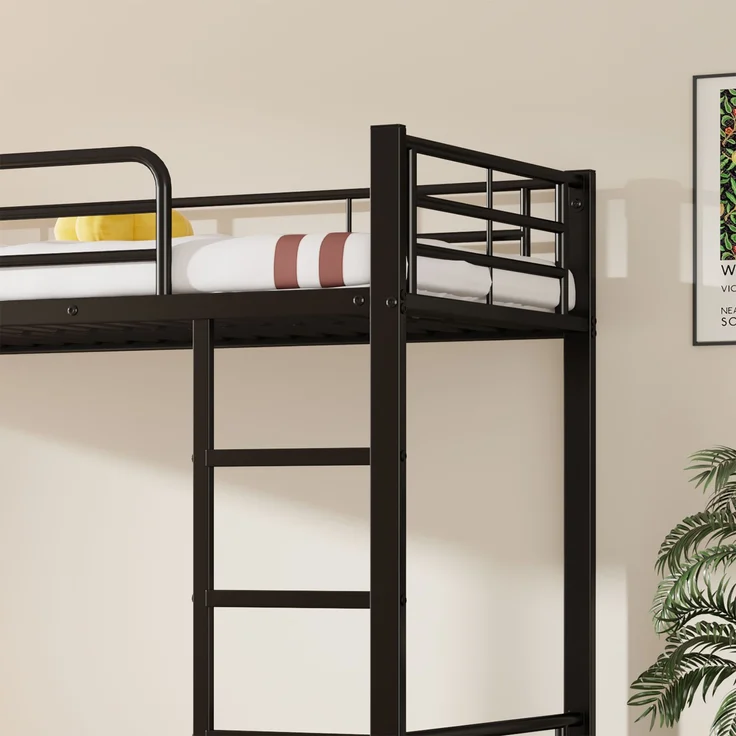 EINHOM Eisenbett, Etagenbett, Geeignet für Kinder und Jugendliche, mit Ausziehbett, Vier Seitengitter am Oberen Bett, Eisen, Schwarz, 90 x 200 Cm&90 x 190 cm (Ohne Matratze) – Bild 6