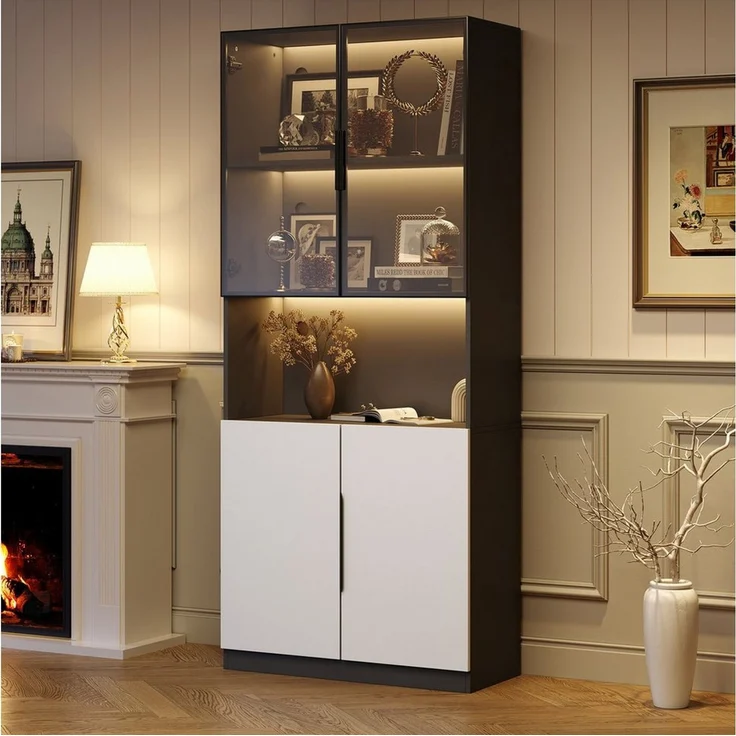 MODFU Vitrine weiße Türen mit schwarzer Dekoration (Bücherregal für Sammlerstücke, 1-St, 4 Türen(2 Glastüren) mit Glastüren,LED-Leuchten,einstellbare Farbtemperatur und Helligkeit – Bild 3
