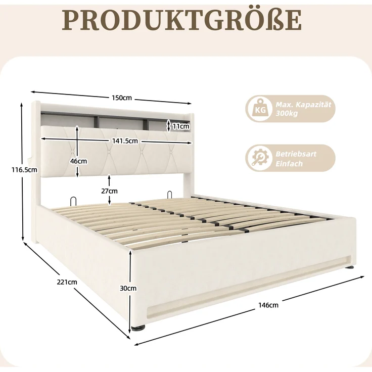 LVHOM Polsterbett 140x200cm mit LED&USB, Doppelbett mit versteckten Stauraum, Stauraumbett mit Lattenrost, Jugendbett mit Bettkasten, Samtstoff, Beige – Bild 7