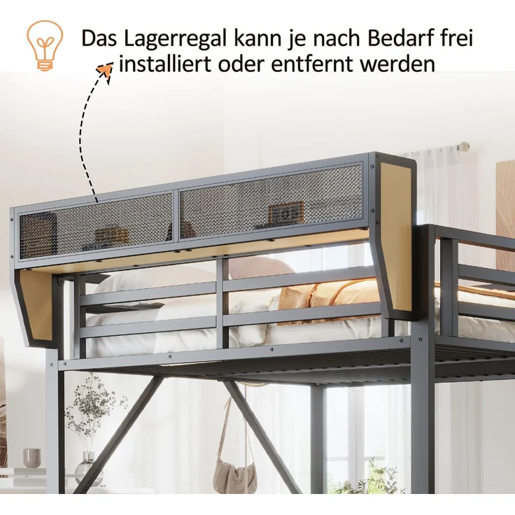 Merax Hochbett 140 × 200 cm, Kinderbett Jugendbett, Mit Schreibtisch, Regal und Aufbewahrungsnetz, Komplett Mit Sicherheitsleiter, LED-Beleuchtung und Steckdose, Erhöhtem Geländer, Schwarz – Bild 5