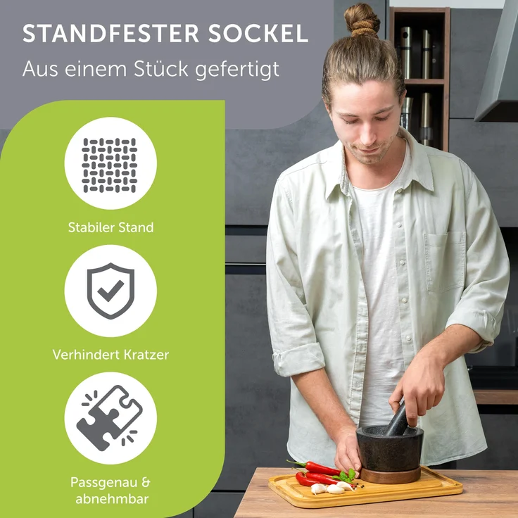 madeco Mörser mit Stößel Granit auf Holzsockel Nussbaum Ø 14,5 cm - Perfekt geeignet für Gewürze, Kräuter & Nüsse - Steinmörser Set - Design Granit Mörser & Stößel groß – Bild 3