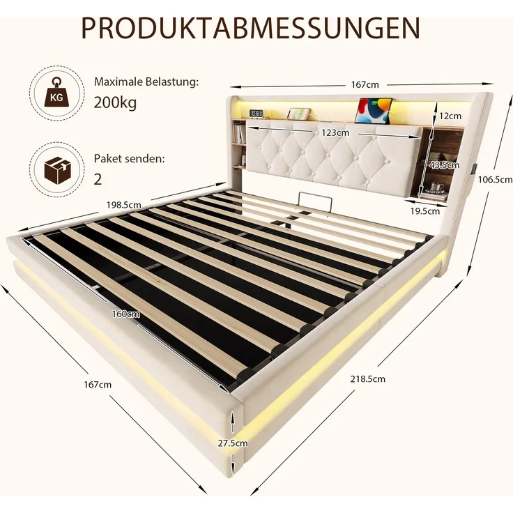 TavilaEcon Boxspringbett Samtbett, Polsterbett mit LED-Beleuchtung & USB-Ladefunktion beige Liegefläche 160 × 200 cm – Bild 2