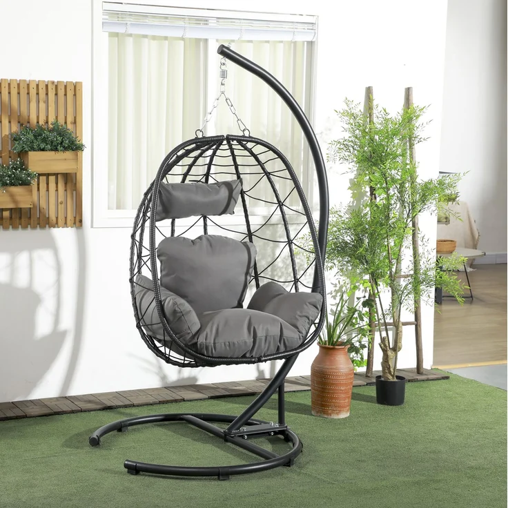 Hängesessel aus PE-Rattan mit Stahlgestell, klappbarer Korb, 102x102x195 cm, Schwarz – Bild 1