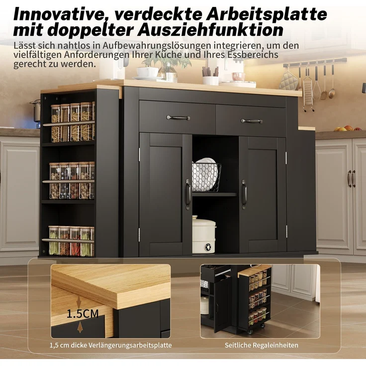 Merax 340cm Kücheninsel mit zwei ausziehbaren Arbeitsflächen,stilvolle mobile Insel,verstellbare Regalböden,2x220V-Steckdosen,2xUSB-Anschlüsse, Schwarz – Bild 6
