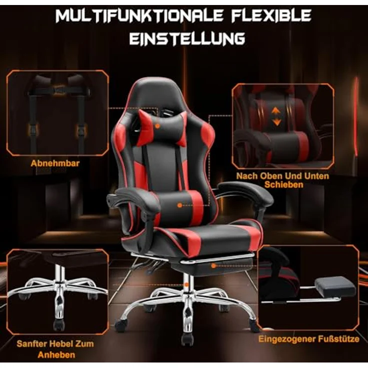 DUMOS Gaming Stuhl Ergonomischer Gaming Stuhl mit Fußstütze Atmungsaktiver PC Stuhl mit verstellbare Lendenkissen Kopfkissen und Armlehnen 150 kg Belastbarkeit Drehsessel – Bild 7