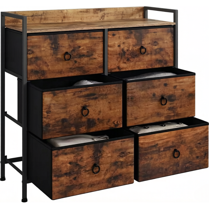 DESVIAE Kommode mit 6 Stoffschubladen 80x78x29 cm Holzwerkstoff Metall Rustikal Braun Schwarz – Bild 7