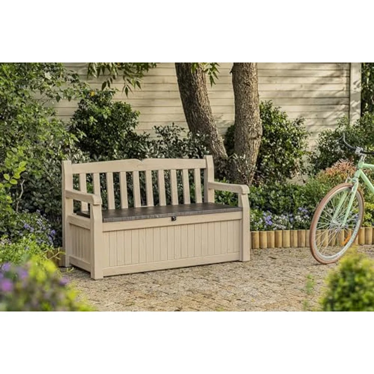 Keter Sitzbank Eden für Balkon und Garten, Gartenbank mit integrierter Kissenbox mit 265 l Stauraum, 140 x 60 x 84 cm, wetterfest, pflegeleicht, beige, Outdoor, Holzoptik – Bild 3
