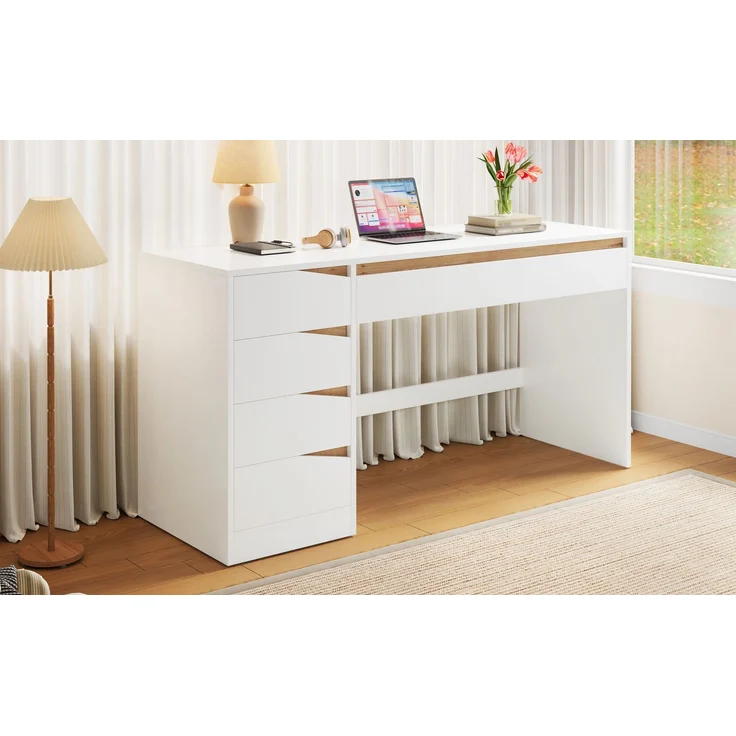 ZUBALIYA Schreibtisch 140x50 cm mit 5 Schubladen, Weiß/Eiche-Optik, Moderner Computertisch mit extra großer Arbeitsfläche, Schminktisch mit Stauraum, Bürotisch für Homeoffice, Schlafzimmer und Arbeitszimmer – Bild 15