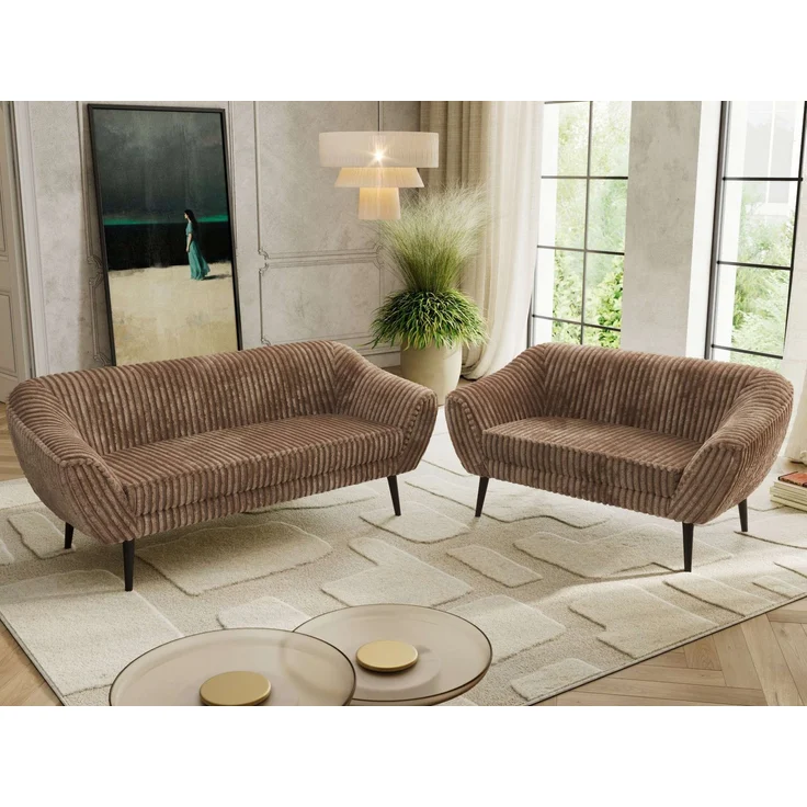 Skandinavisches Sofa Set PIRS 3-2, Komplettset, Wellenfederung, schwarze Füße, Sitzgruppe, Polstermöbel Set - Braun Cord – Bild 3
