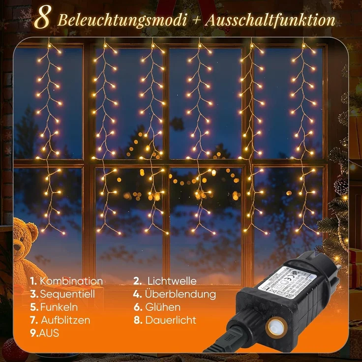 SALCAR 3x1m 300er LED Eisregen Fenster aus Kupferdraht, Wasserdicht LED Lichtervorhang Cluster Lichterkette mit 8 Mod – Bild 3