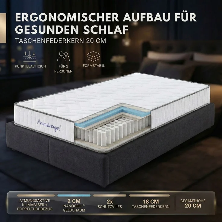 Arensberger JANA Federkernmatratze - 20cm Höhe - Matratze mit Gelschaum Schicht - H3 Mittelfest – 7 Zonen - Federkern - Liegekomfort 100x200cm – Bild 3