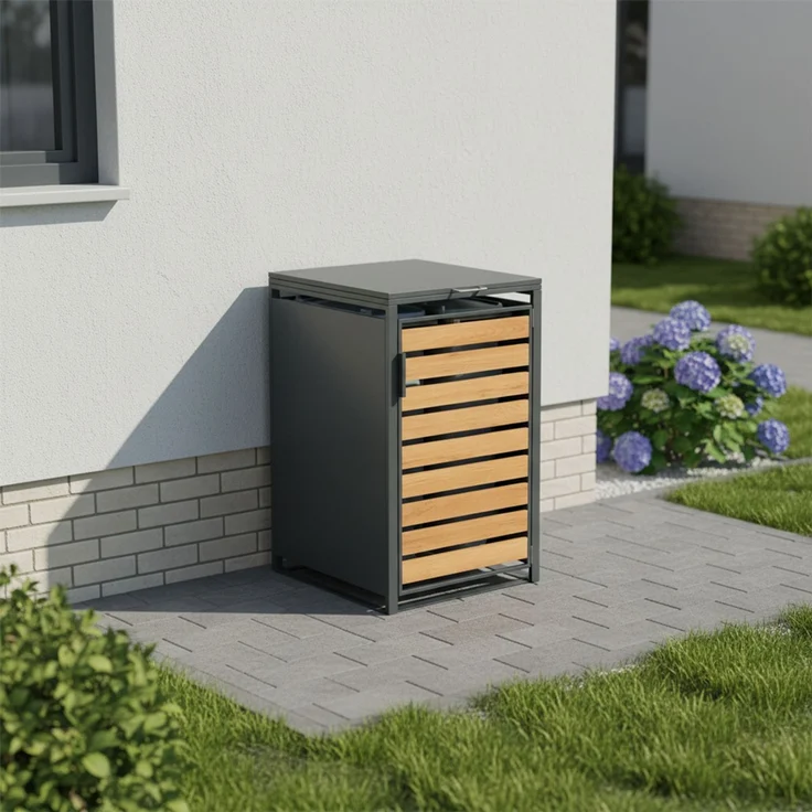 STEELSØN 'Kestra' Mülltonnenbox 1er 120 Liter, anthrazit mit Holzoptik, Mülltonnenverkleidung aus Stahl, wetterfest, 102x62x60,5 cm, Müllbox für 1 Tonne – Bild 2