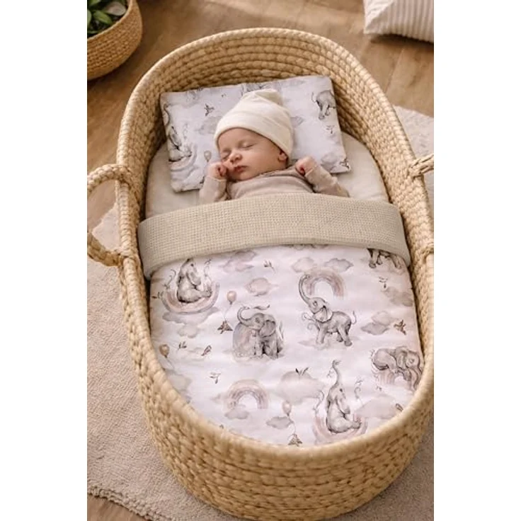 Babynest Nestchen Baby Set für Neugeborene – 5-teilig – Kuschelnest aus 100% Baumwolle & Waffelpique – Babykokon tragbar – für Babybett, Kinderbett & Kinderwagen – OEKO-TEX - Elefanten und Sand – Bild 4