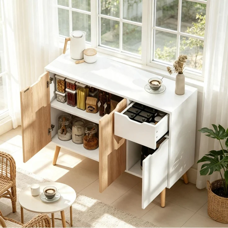 DESVIAE Sideboard Weiß/Helleiche aus Spanplatte/Kiefernholz – 90x72x30 cm – 2 Schränke, Schublade – Bild 2