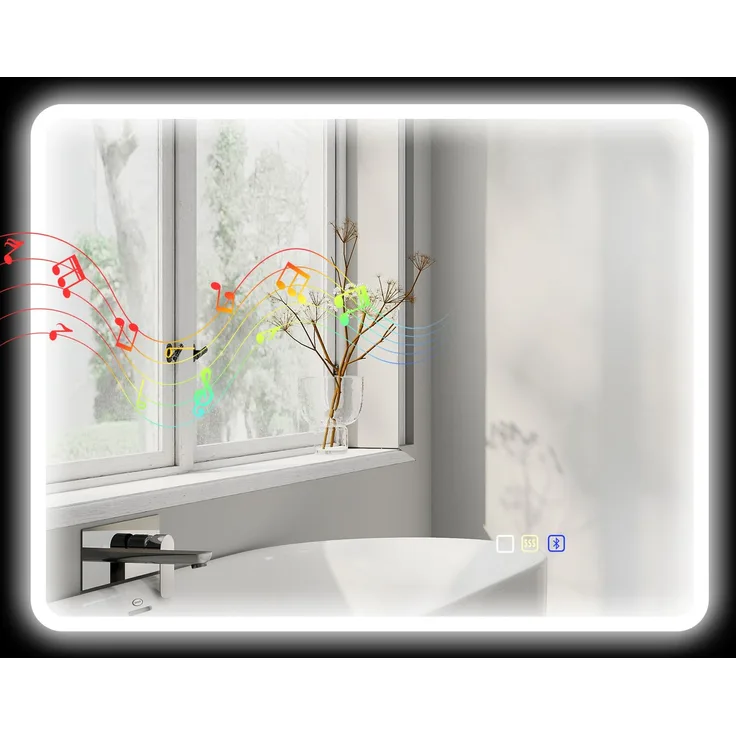 MELAYR, Badezimmerspiegel mit LED-Licht, 90 x 70 cm, mit Bluetooth, 3 Lichtfarben, 90 x 3,5 x 70 cm, Silber