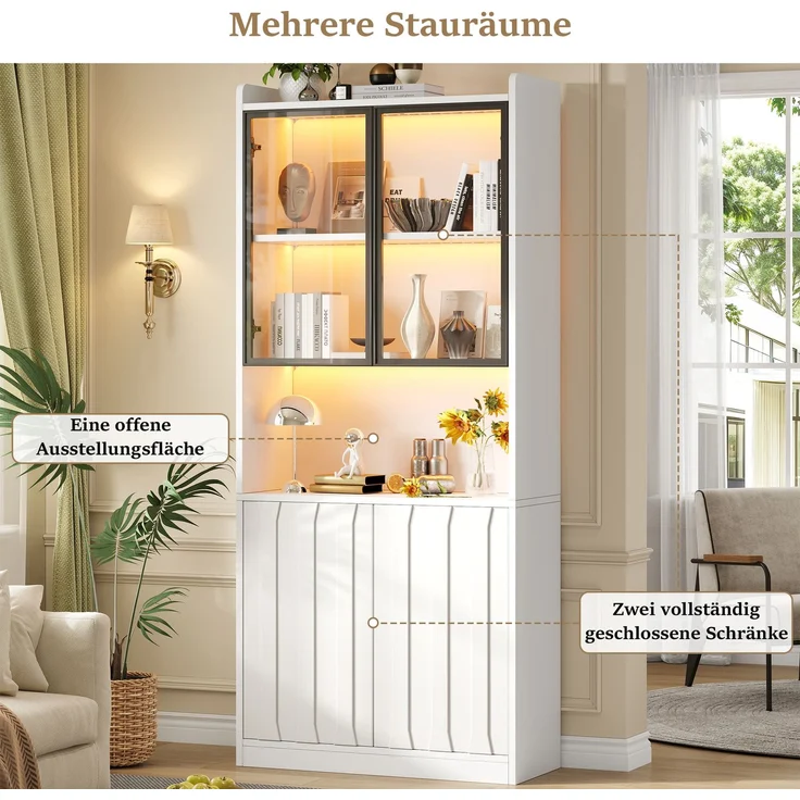 80x35x200cm LED Vitrine, Hochschrank mit Glasschranktüren, Hochschrank Glasvitrine mit LED und Offene Partition,Wohnzimmerschrank mit Glastüren, Küche, Arbeitszimmer, Eingangsbereich,Weiß--Weiß--80x35x200cm--YOUDENOVA – Bild 7