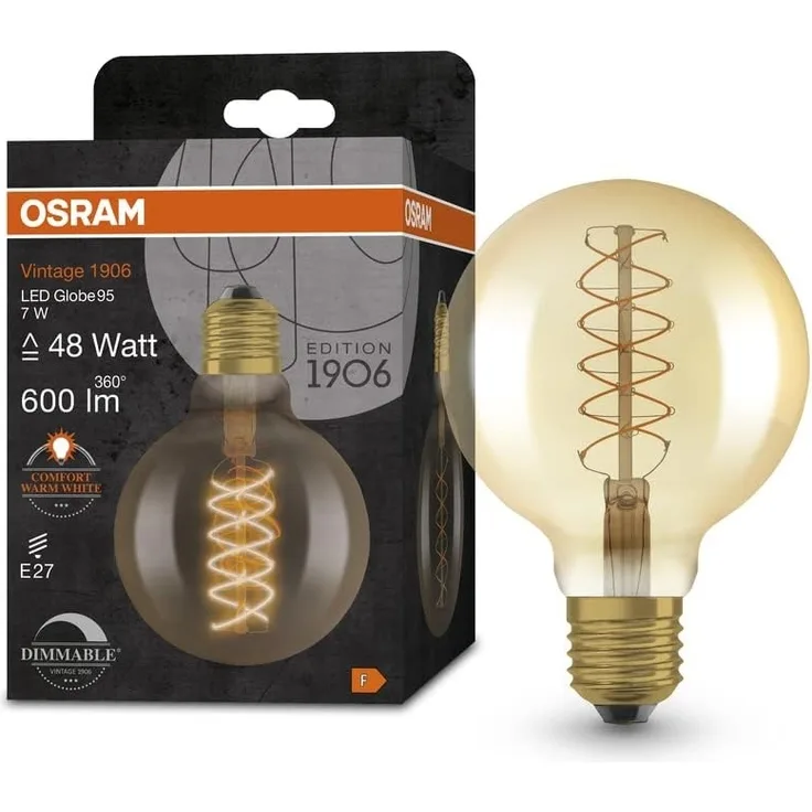 Osram Vintage 1906 LED-Lampe mit Gold-Tönung, 7W, 600lm, Kugel-Form mit 95mm Durchmesser & E27-Sockel, warmweiße Lichtfarbe, spiralförmiges Filament, dimmbar, bis zu 15.000 Stunden Lebensdauer