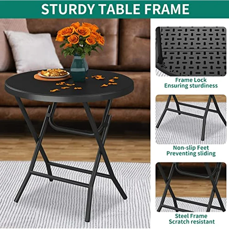 YITAHOME 80cm Gartentisch, Runder Klapptisch, Balkontisch Klappbar, Campingtisch Wetterfest für Outdoor Party Strand BBQ, mit Rostfreie Metallrahmen, 80 x 80 x 74 cm, Schwarz – Bild 5